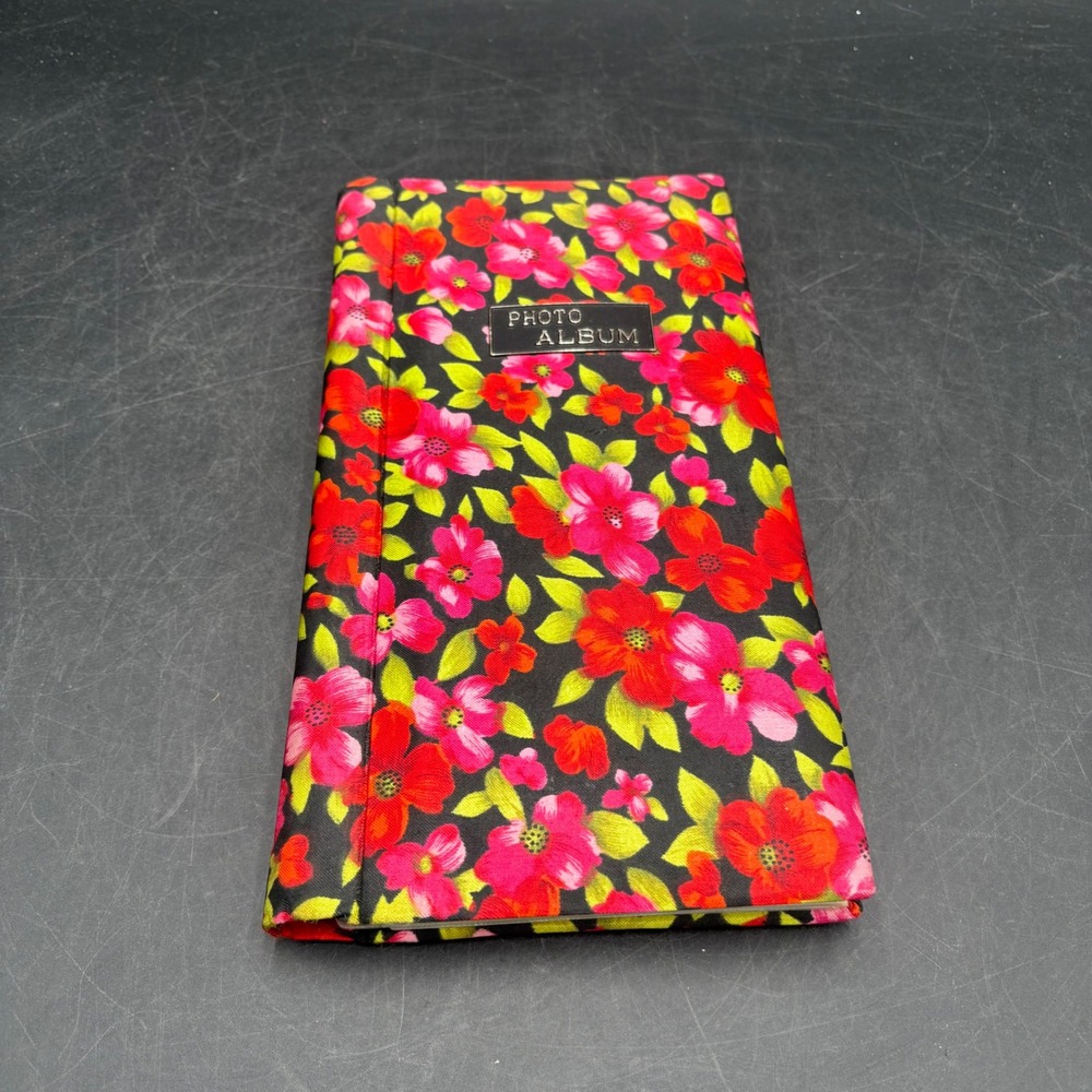 Vtg Retro Groovy Floral Fabric Pocket Photo Album Red Pink Black Spiral
